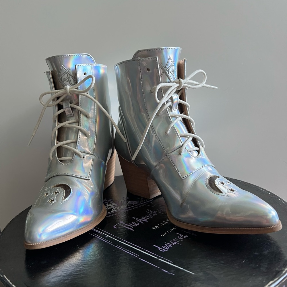 YRU Aura Lace Up Boots in Silver Holo Patent